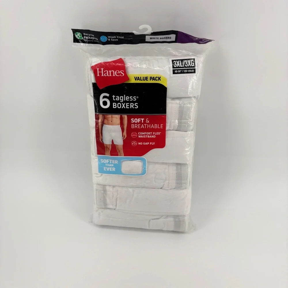 Hanes Mens 6 Pack Tagless Comfort Flex Waistband White Boxer 3XL